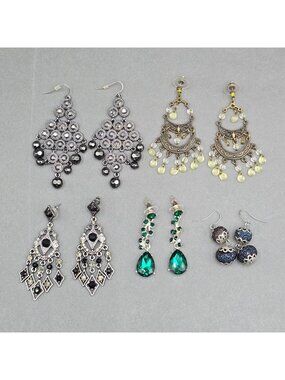 5pr Vintage Inspired Chandelier Earring Lot Rhinestone Gunmetal Emerald Crystal